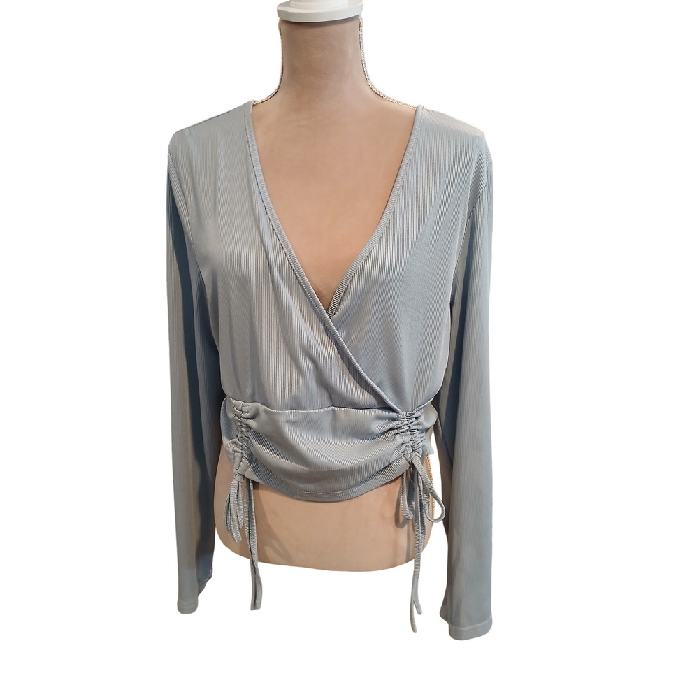 SHEIN Womens 3XL Blue Ribbed Long Sleeve Wrap Crop Top Cinch Coquette Trendy